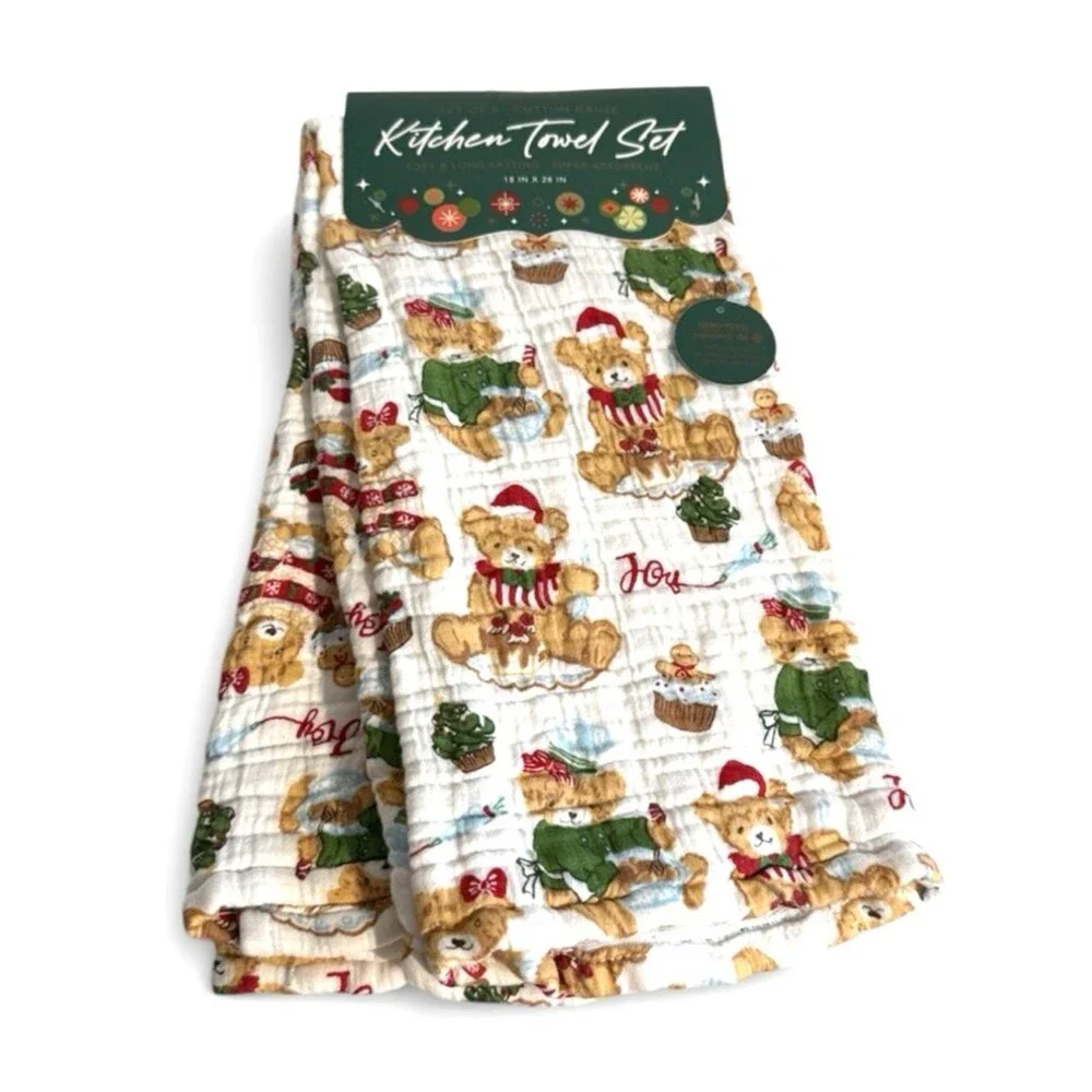 Envogue Christmas Teddy Bears Dish Kitchen Towels 100% Cotton Gauze Set of 2